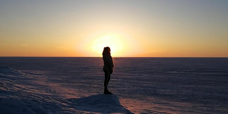 Bild på vintrig solnedgång.